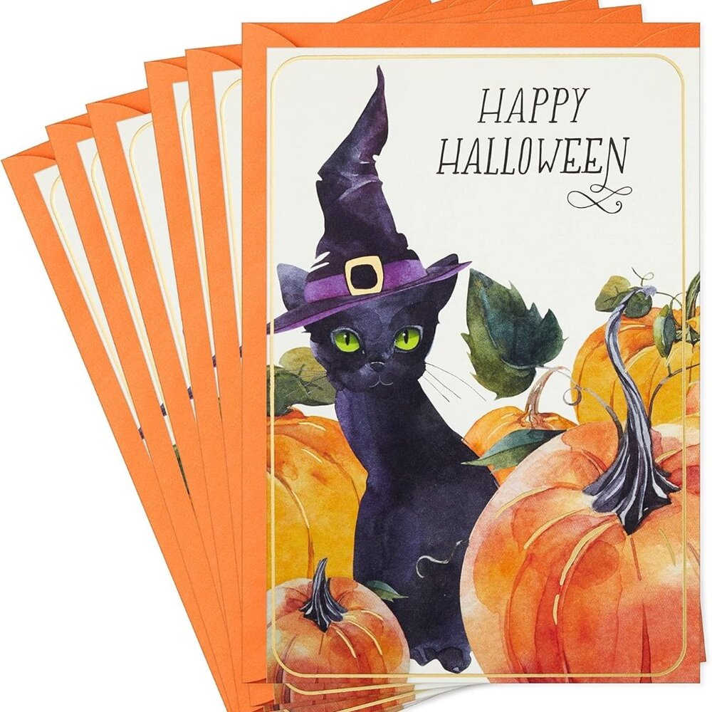 NEW Halloween Hallmark Cat in Witch Hat Orange Pumpkins 6 Cards with Envelopes